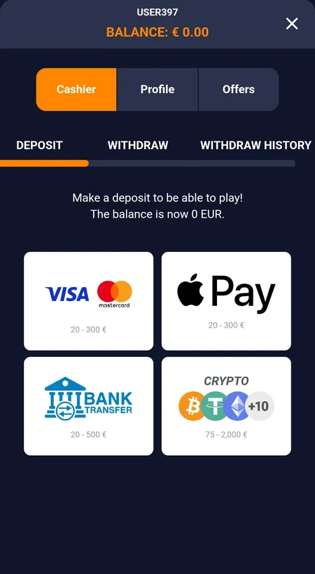 Bass Win cashier deposit screen showing Visa, Apple Pay, bank transfer and crypto