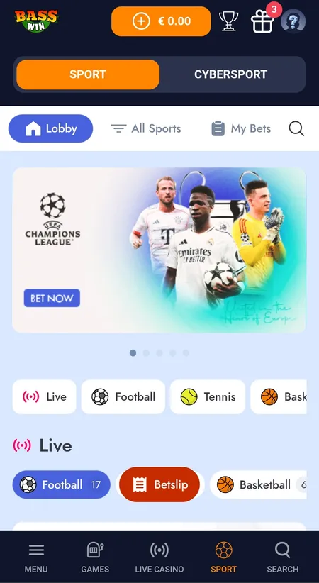 Bass Win sportsbook lobby with UCL banner and live sport categories